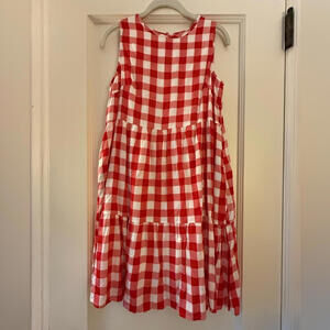Red and white checkered sleeveless flowy boho dress w tiered ruffled skirt S